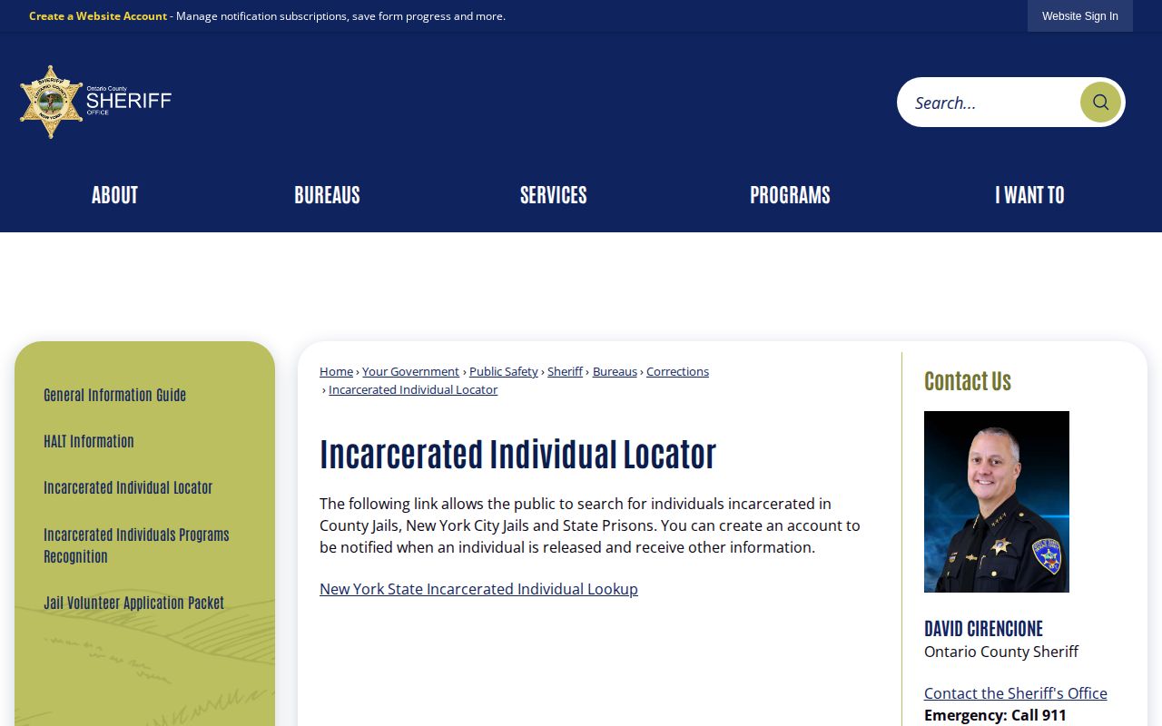 Ontario County current-custody locator for incarcerated records