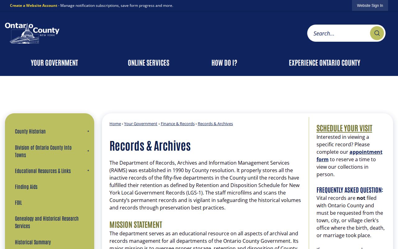 Ontario County archival booking-record request source