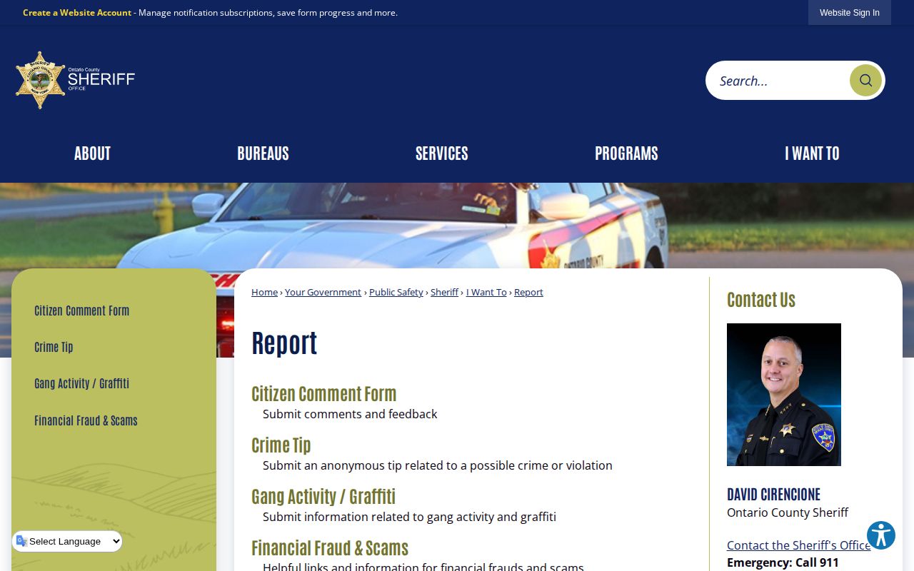 Ontario County Sheriff wanted-fugitive public reporting route
